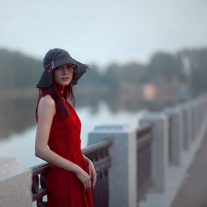 Woman in Red Dress — Serene, Sunset, Photograph, Hat