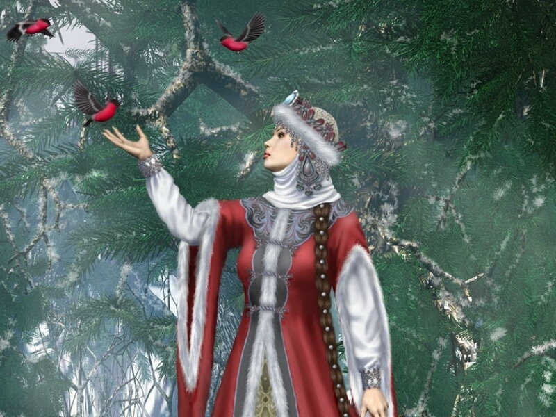 Woman in Red Dress — Serene, Winter, Digital Art