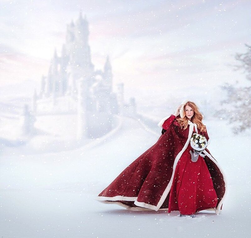 Woman in Red Dress — Serene, Winter, Photograph, Castle