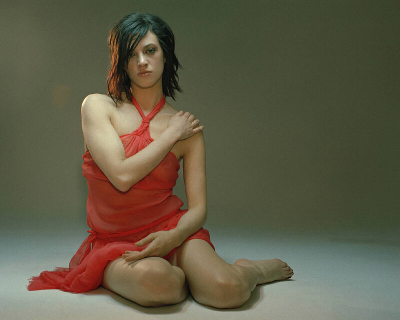 Woman in Red Dress — Serious, Photograph, Floor, Studio
