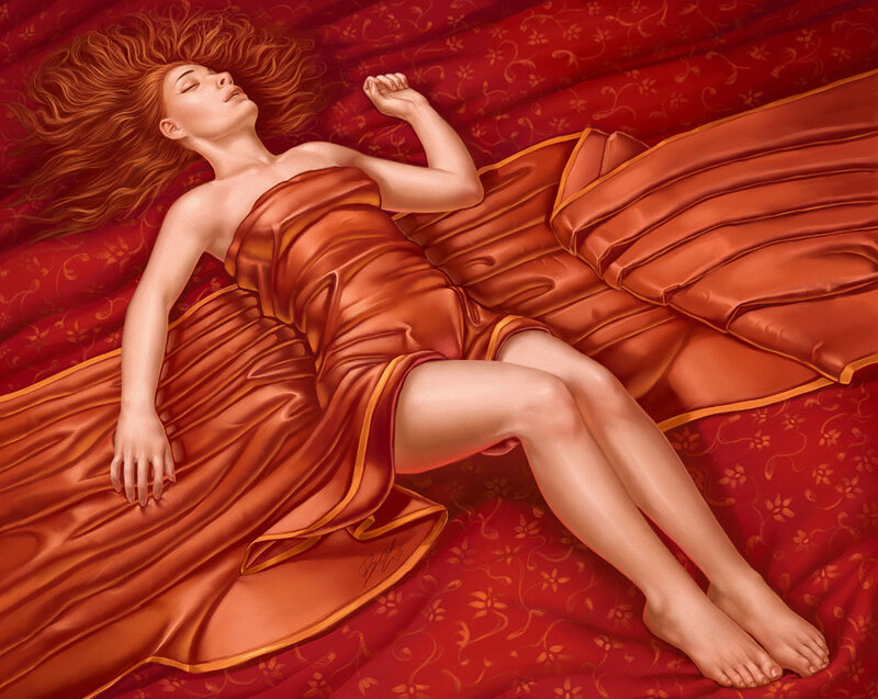 woman in red dress sleeping