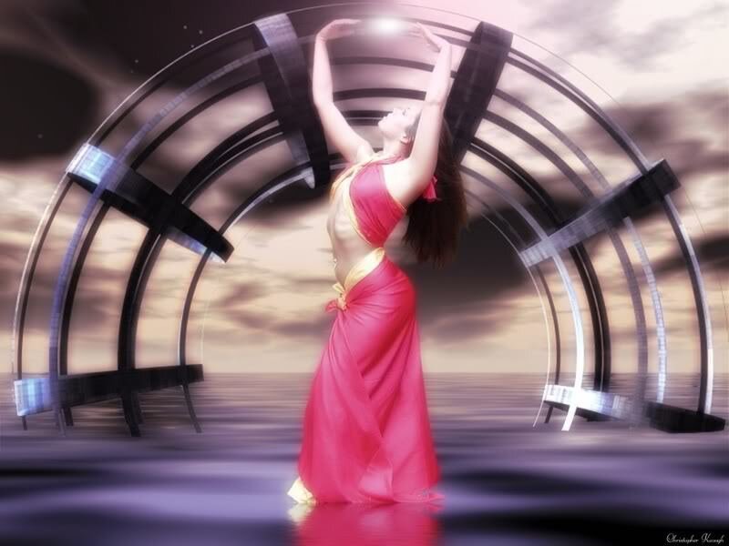 woman in red dress under arch