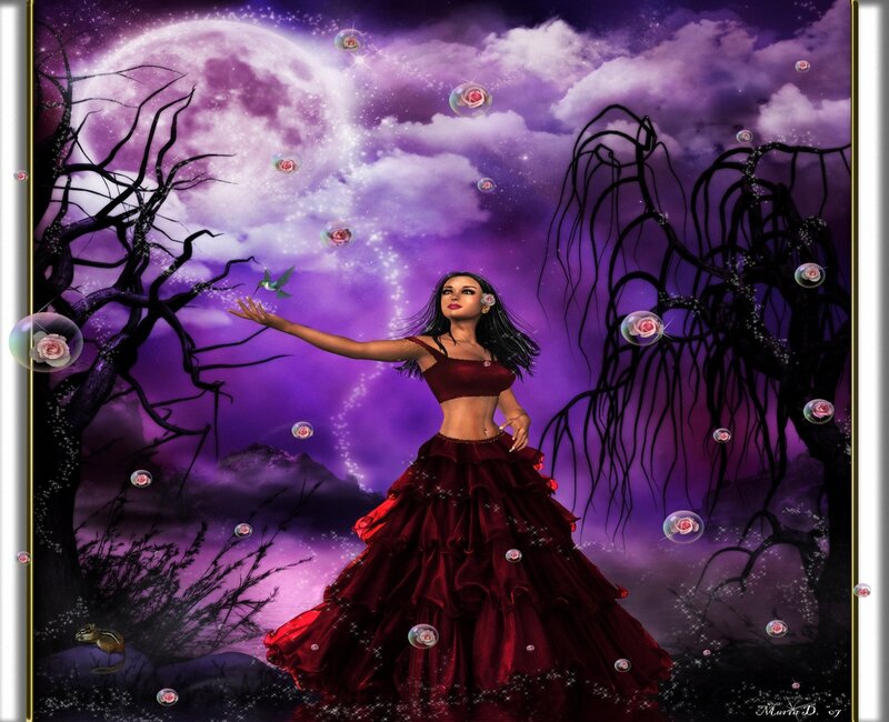 woman in red dress under purple moon
