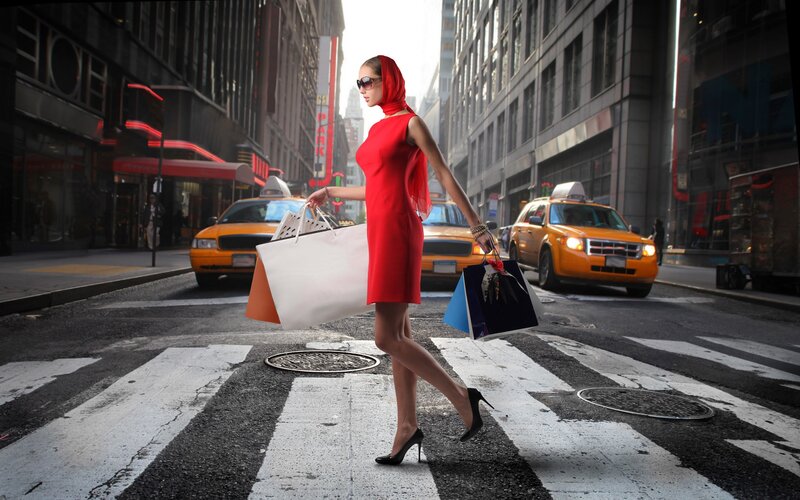 Woman in Red Dress — Urban, Afternoon, Photograph, Shopping Bags
