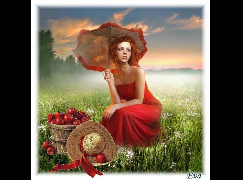 Woman in red dress with apples