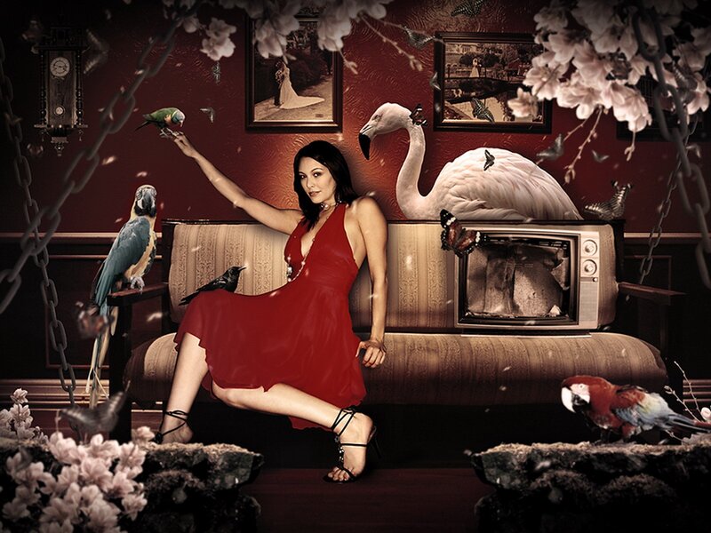 Woman in red dress with birds