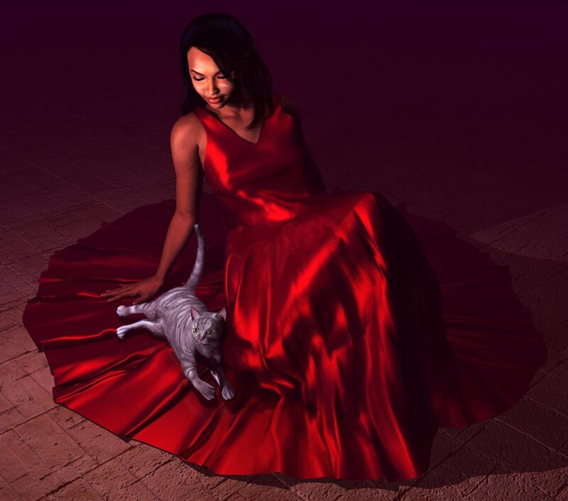 Woman in red dress with cat