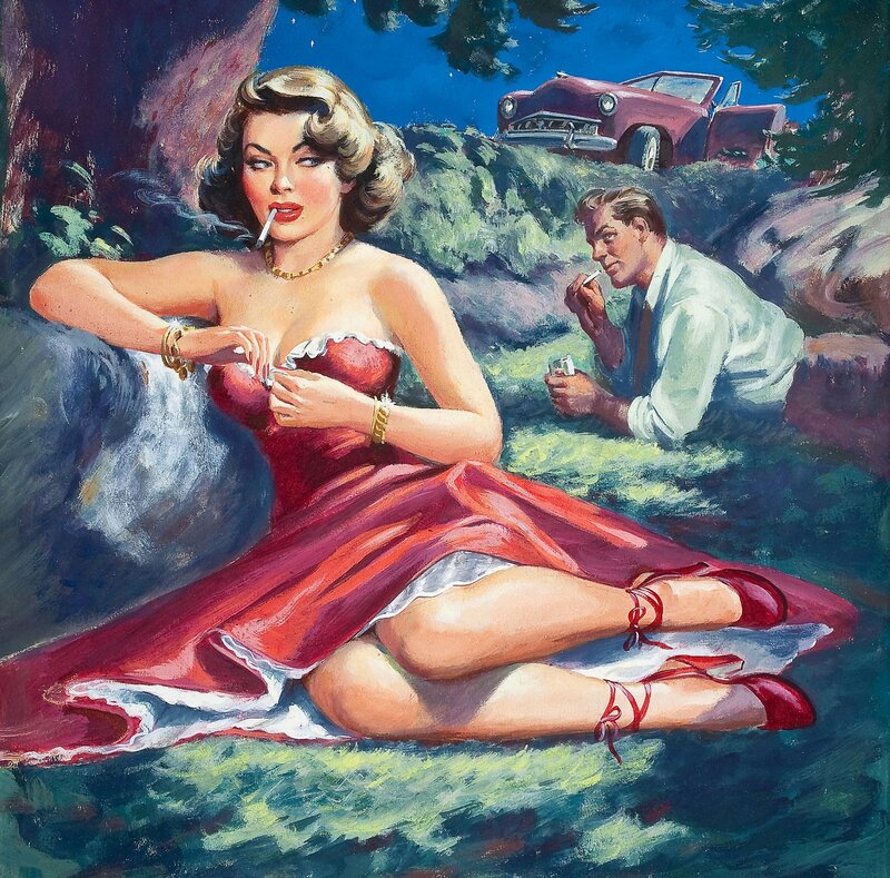 Woman in red dress with cigarette