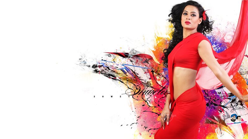 woman in red dress with colorful background