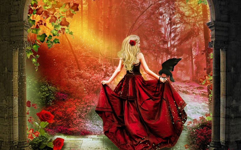 woman in red dress with crow