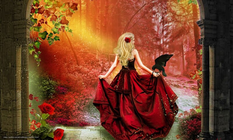 woman in red dress with crow