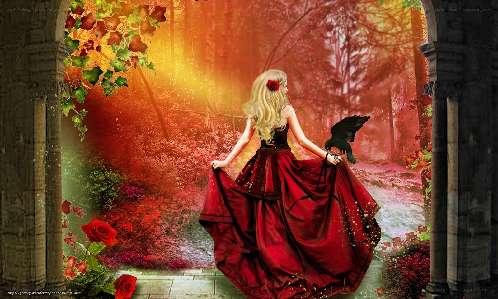woman in red dress with crow