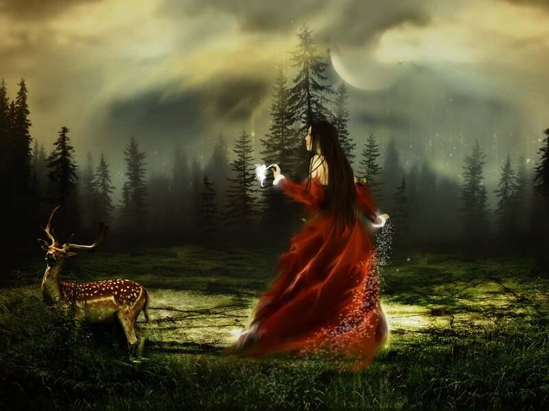 Woman in red dress with deer
