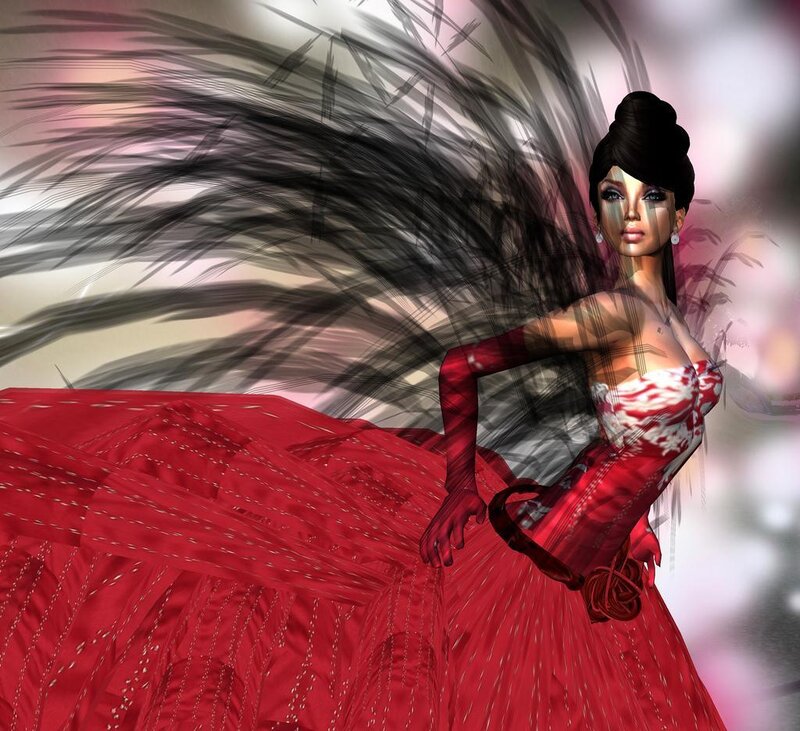 woman in red dress with feathered backdrop