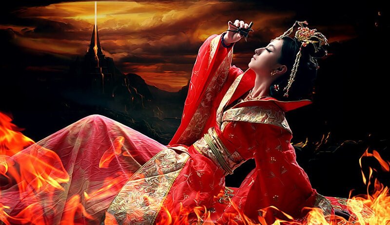 woman in red dress with fire