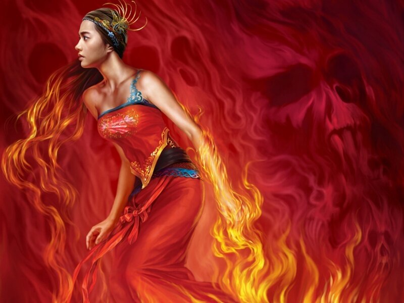 woman in red dress with fire
