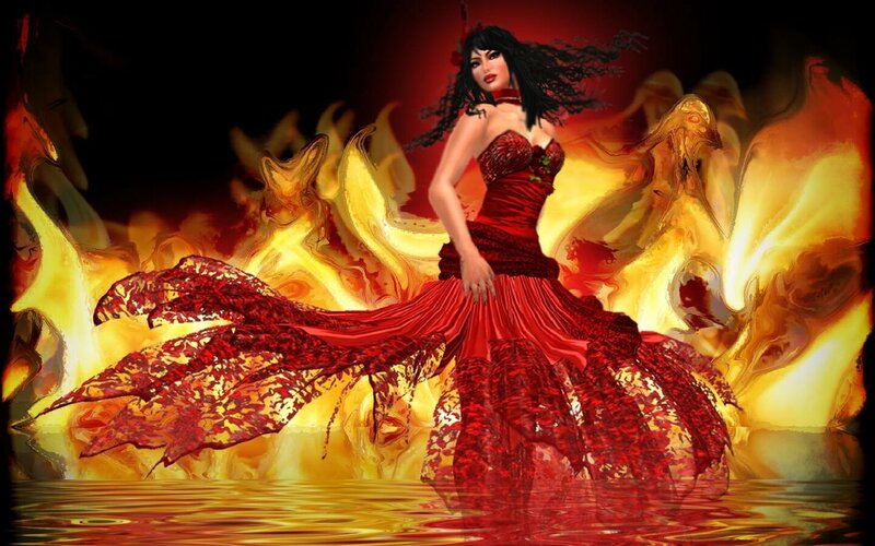 woman in red dress with fire
