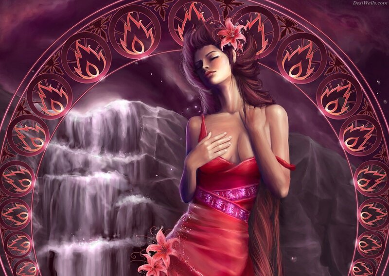 woman in red dress with fire symbols
