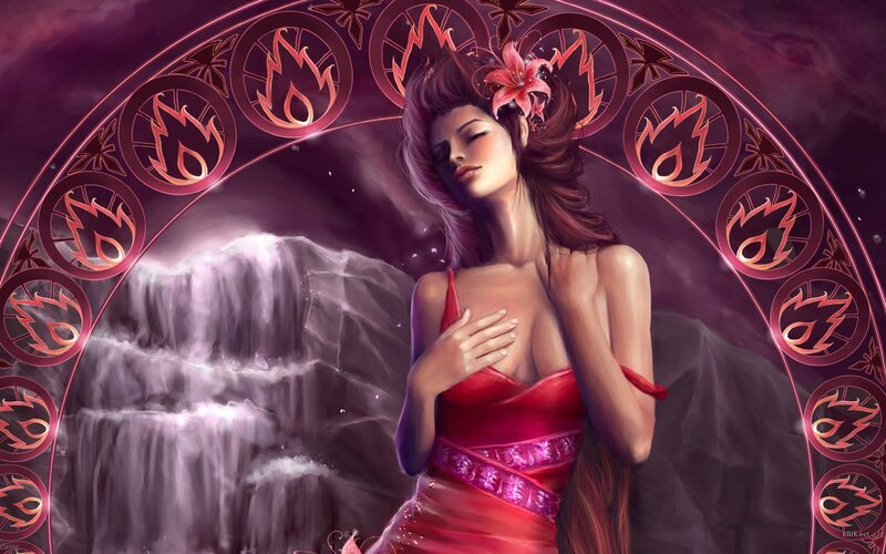 woman in red dress with fire symbols