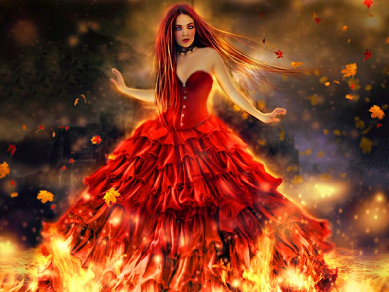 woman in red dress with fire