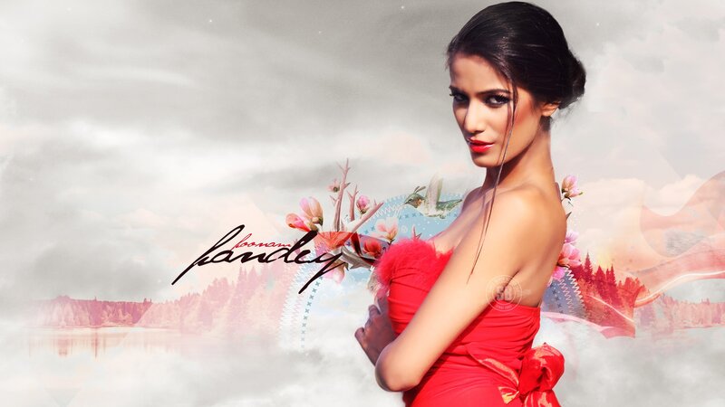 woman in red dress with floral background