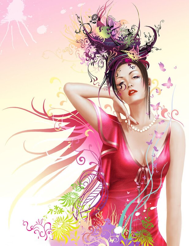 woman in red dress with floral crown