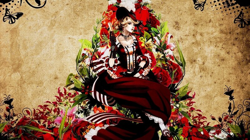 woman in red dress with flowers