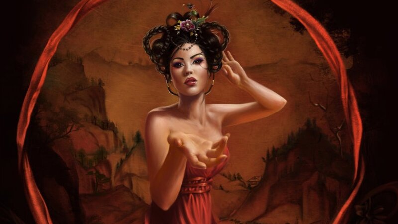 woman in red dress with flowers