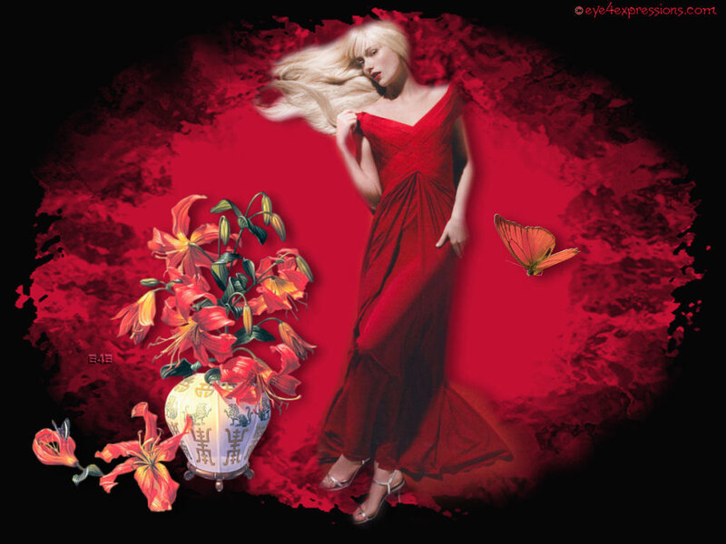 woman in red dress with flowers