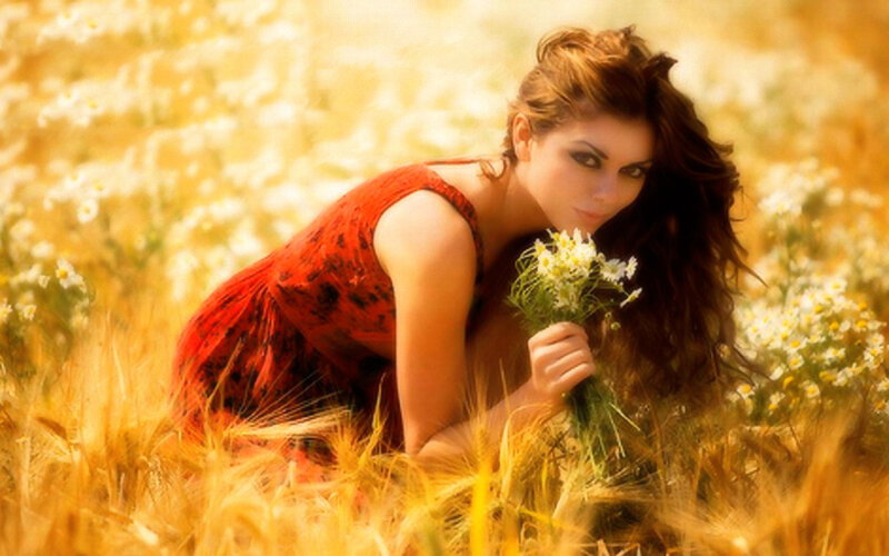woman in red dress with flowers