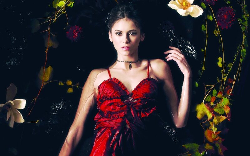 woman in red dress with flowers