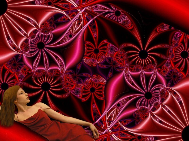 woman in red dress with fractal background