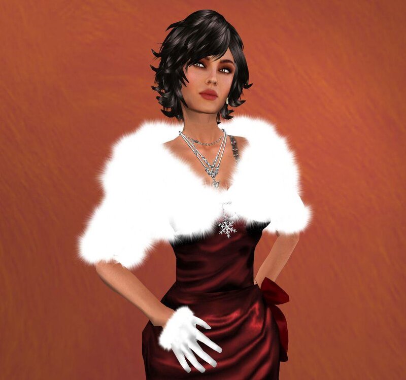 woman in red dress with fur stole