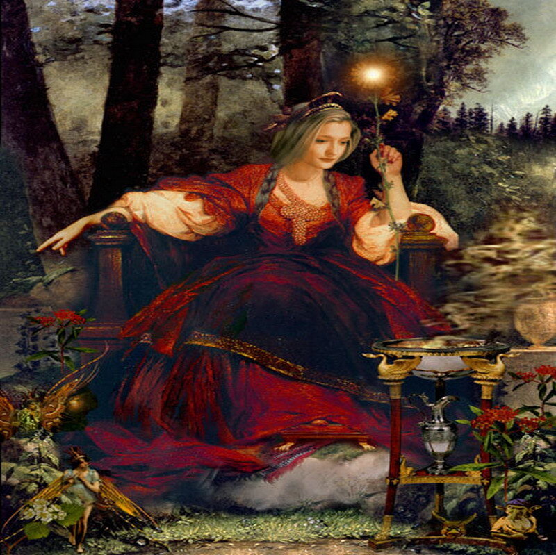 Woman in red dress with glowing flower