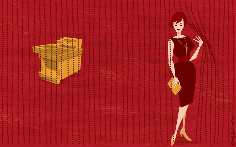 woman in red dress with gold clutch