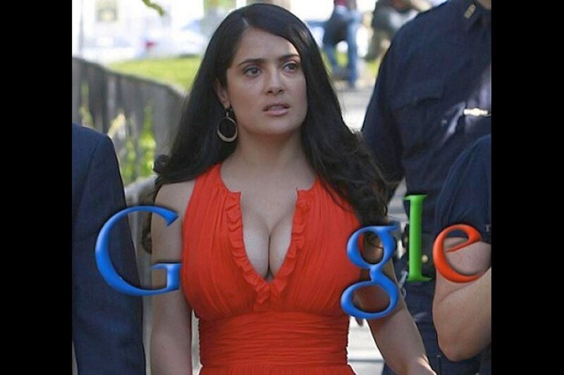 woman in red dress with Google logo