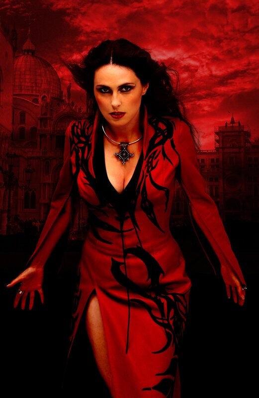 woman in red dress with gothic design