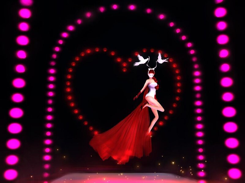 woman in red dress with heart lights
