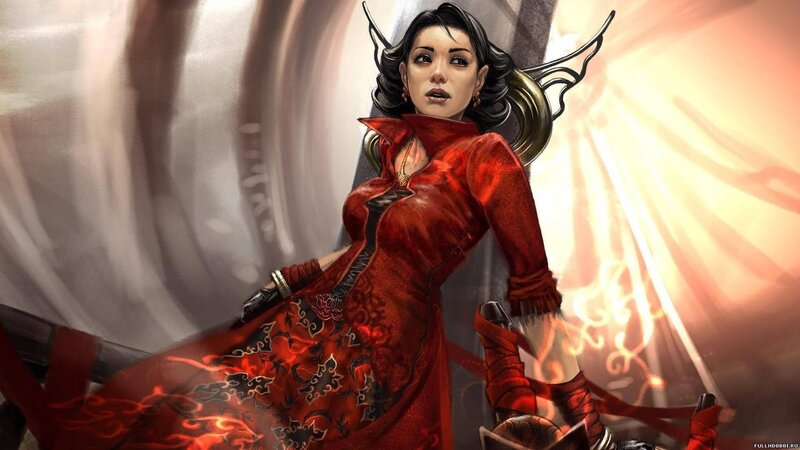 woman in red dress with horns