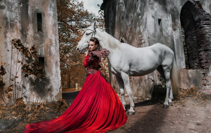 Woman in Red Dress with Horse — Dramatic, Autumn