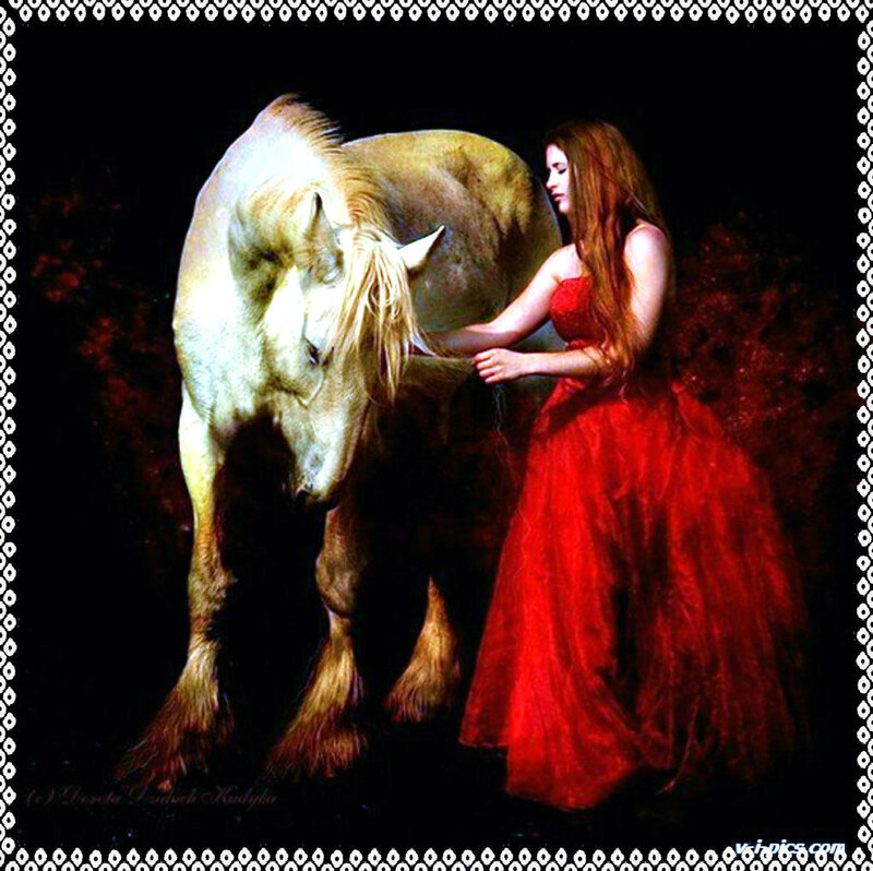 Woman in Red Dress with Horse — Dramatic, Night, Digital Art, Dark Background