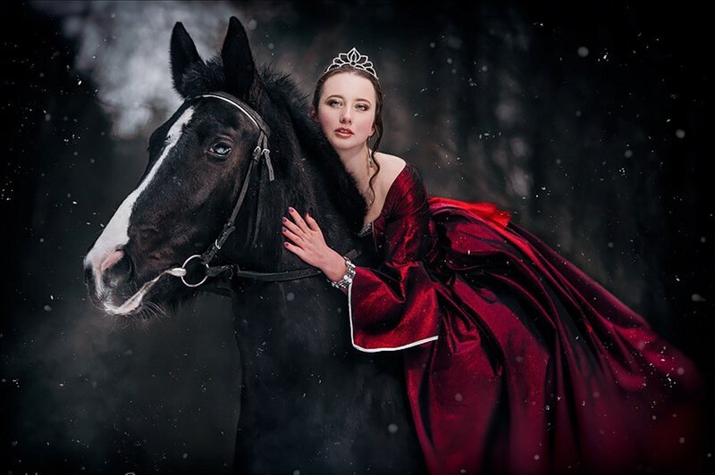 Woman in Red Dress with Horse — Dramatic, Winter, Photograph, T Crown