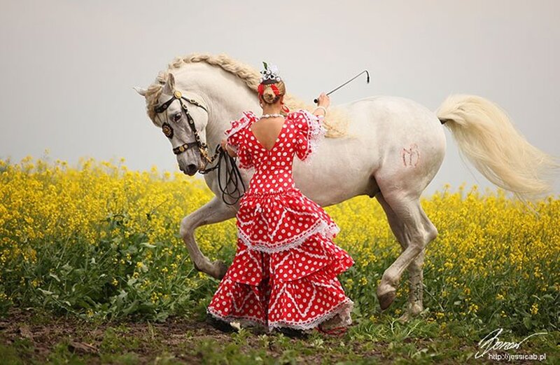 Woman in Red Dress with Horse — Serene, Spring