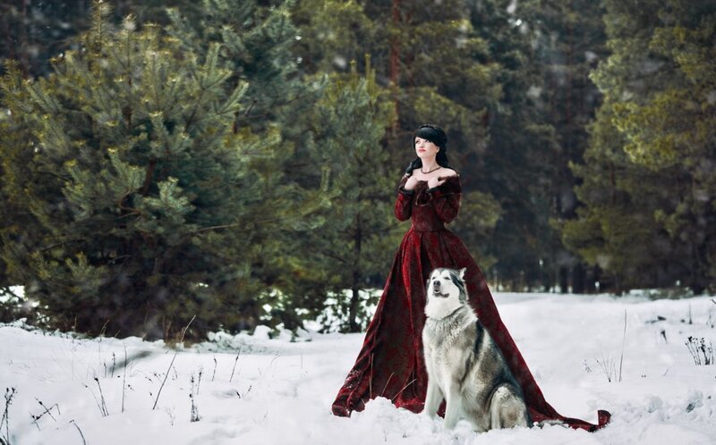 Woman in Red Dress with Husky — Dramatic