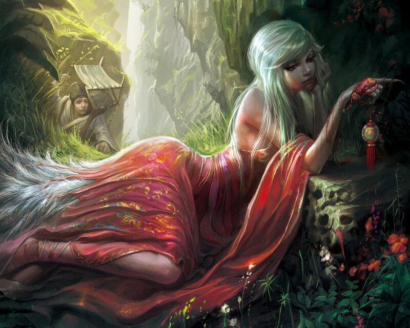 Woman in red dress with lantern