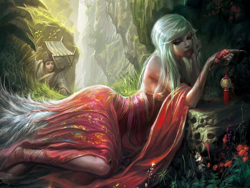 Woman in red dress with lantern