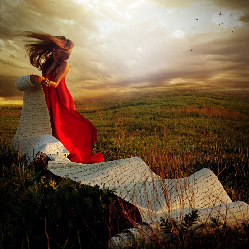 Woman in red dress with letter scroll