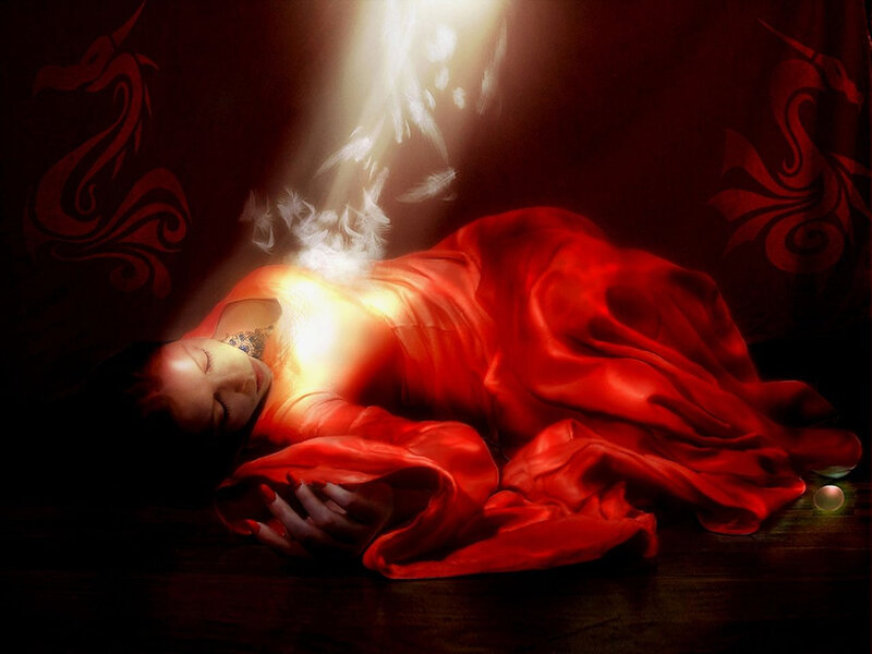 woman in red dress with light