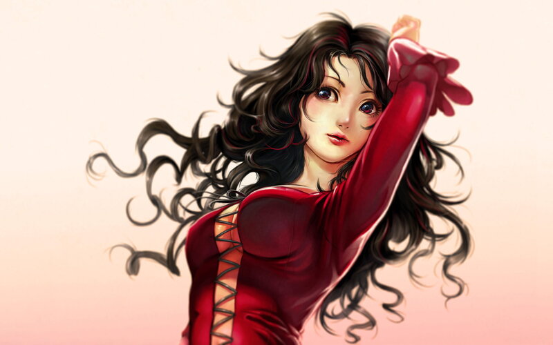 woman in red dress with long hair