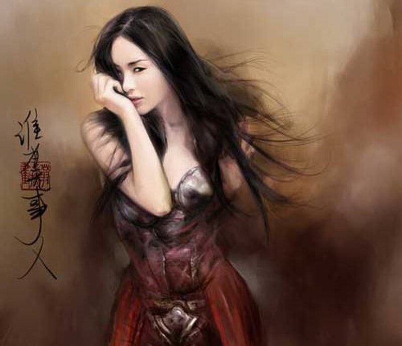 woman in red dress with long hair